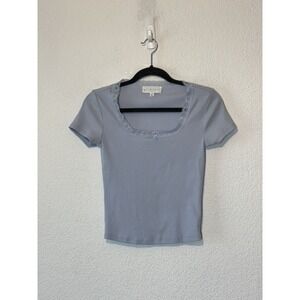 Womens Baby Tee Blue Rib Knit Medium Short Sleeve Lace Trim Scoop Neck T Dainty
